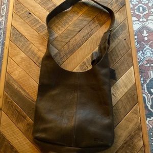 Duluth Trading Company leather crossbody bag.  Gray/brown color.